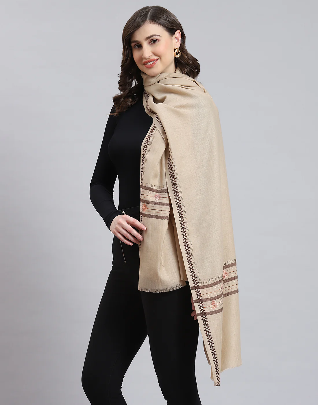 Women Beige Self Design Shawl - Image 4