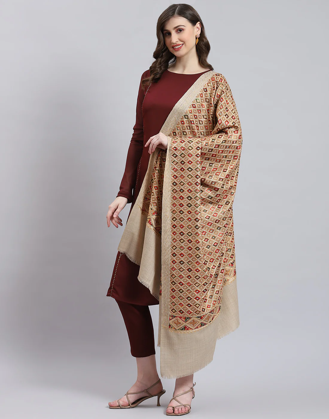 Women Beige Self Design Shawl - Image 3