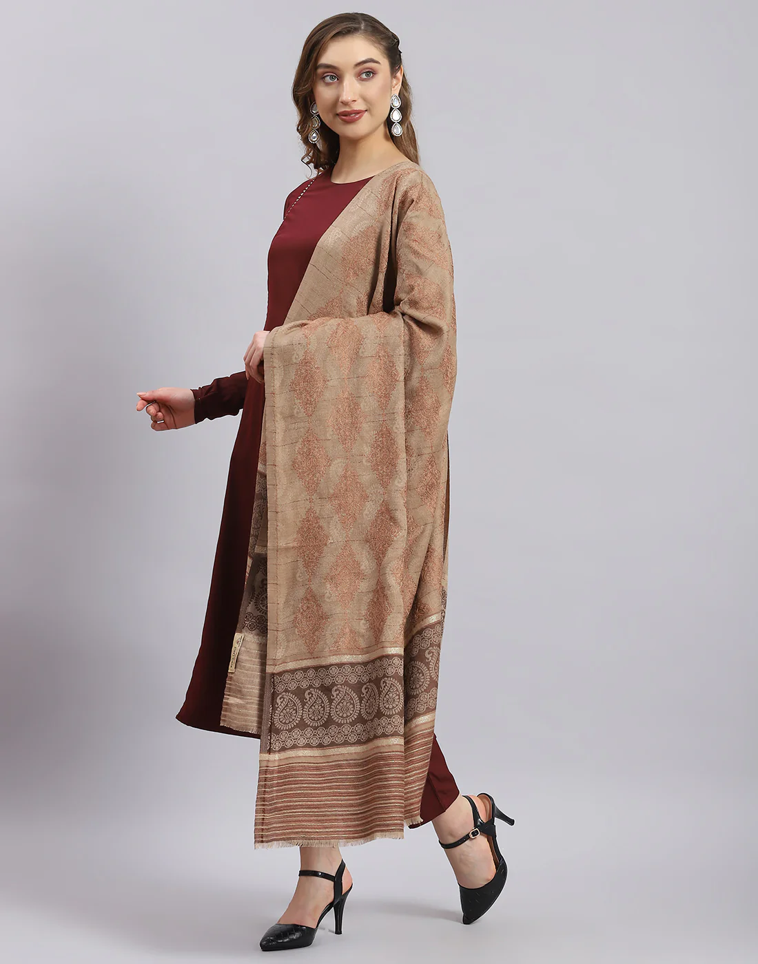 Women Beige Self Design Shawl - Image 4