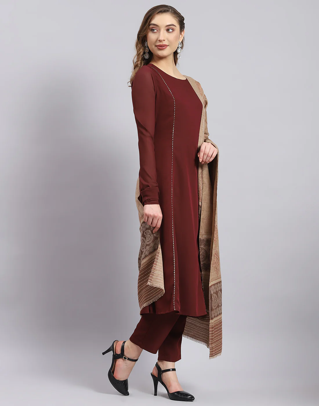 Women Beige Self Design Shawl - Image 5
