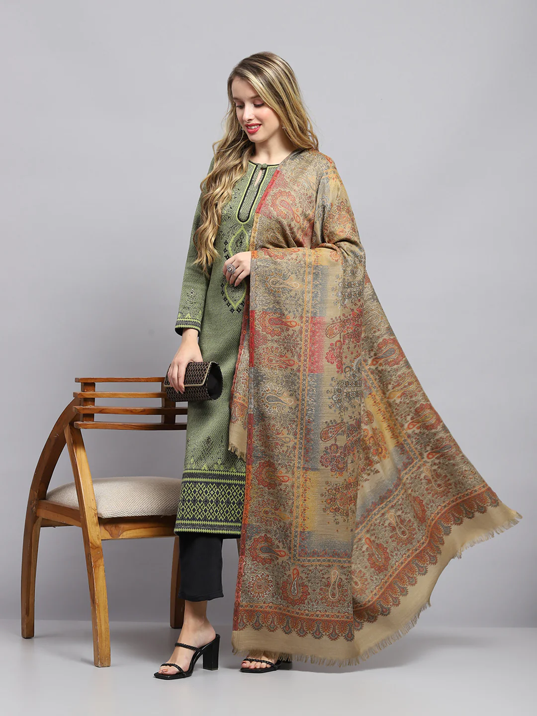 Women Beige Self Design Shawl - Image 5