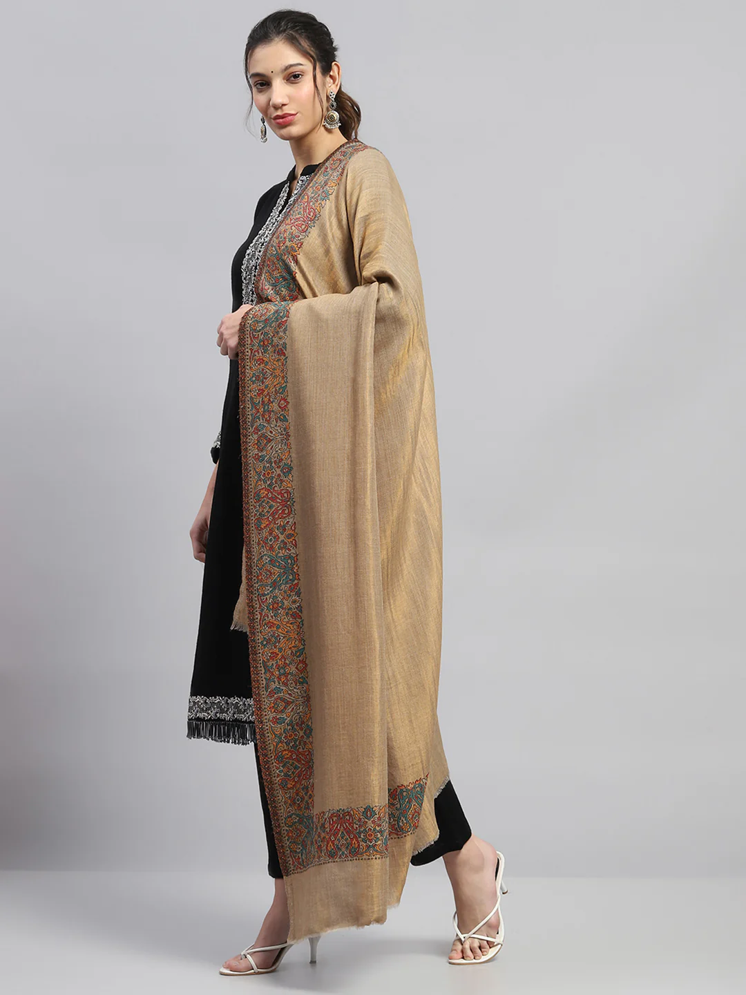 Women Beige Self Design Shawl - Image 3