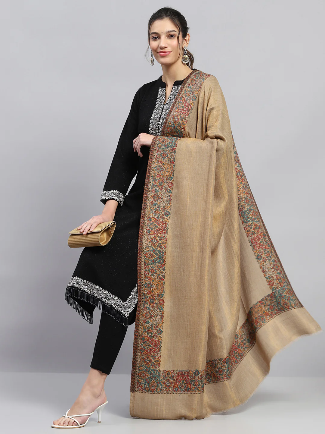 Women Beige Self Design Shawl - Image 4