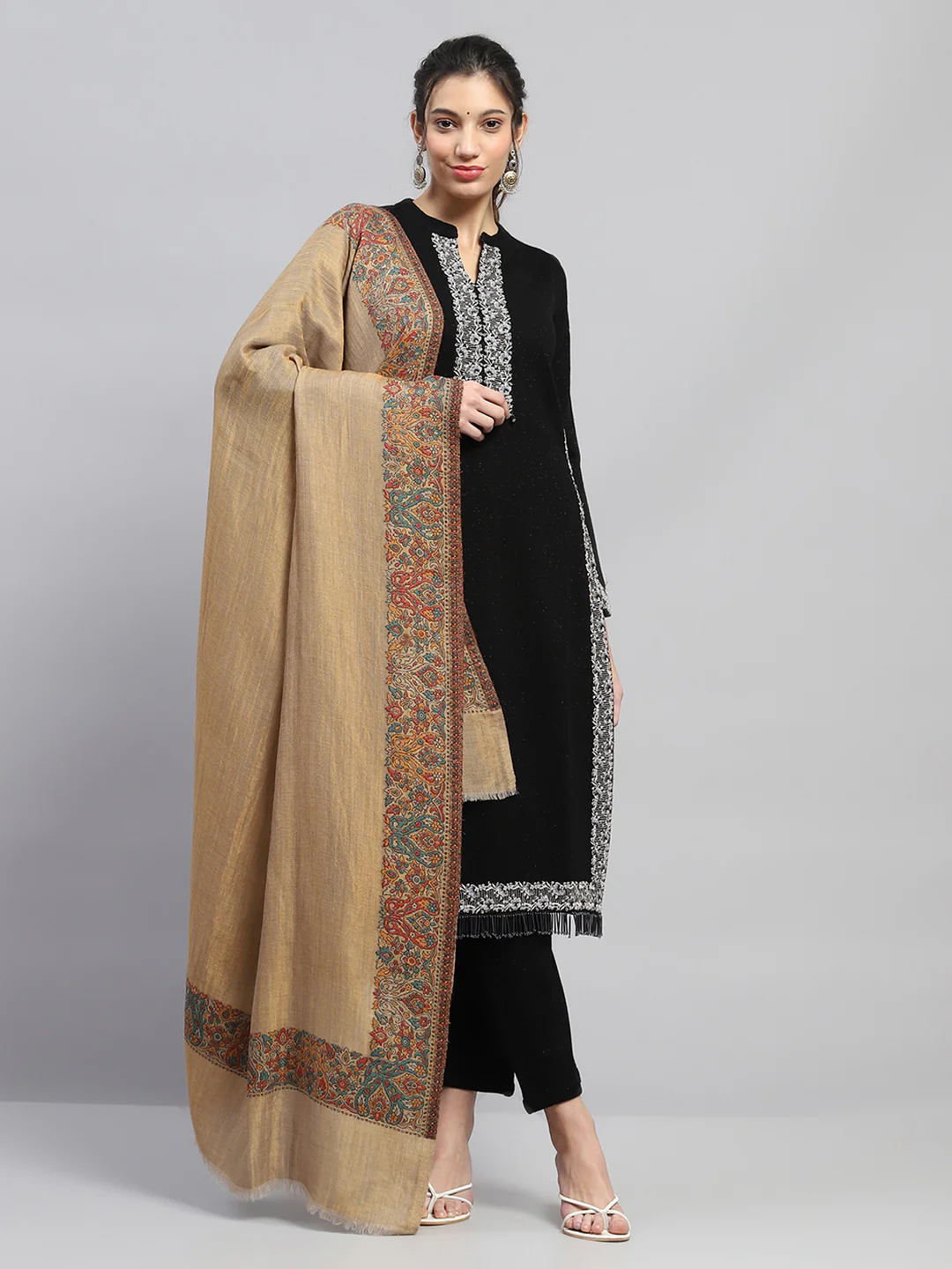 Women Beige Self Design Shawl - Image 5