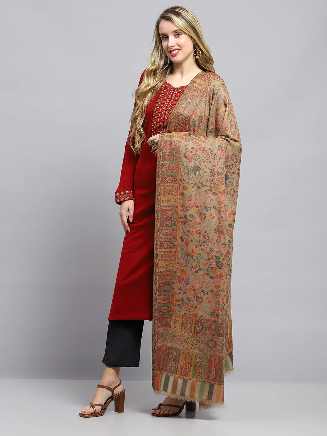 Women Beige Self Design Shawl - Image 3