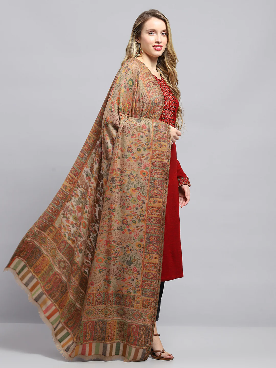 Women Beige Self Design Shawl - Image 4