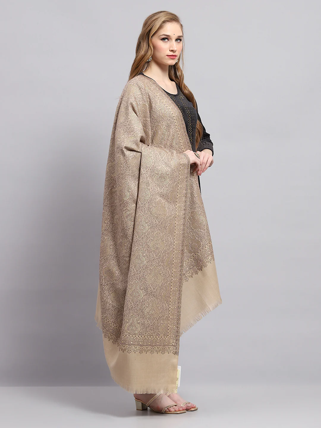 Women Beige Self Design Shawl - Image 4