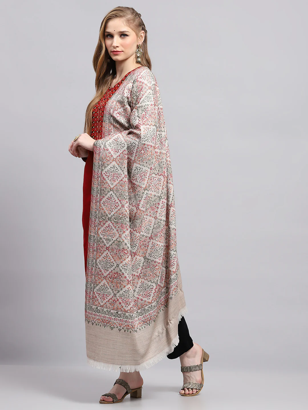 Women Beige Self Design Shawl - Image 3