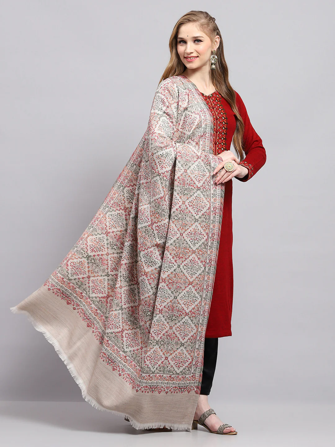 Women Beige Self Design Shawl - Image 5