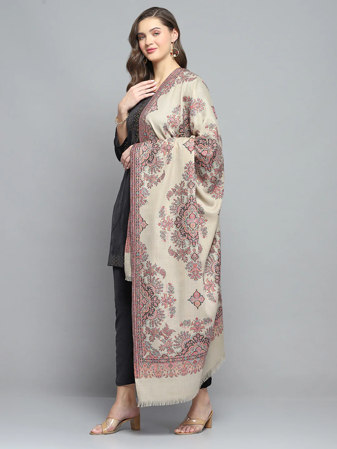 Women Beige Self Design Shawl - Image 3