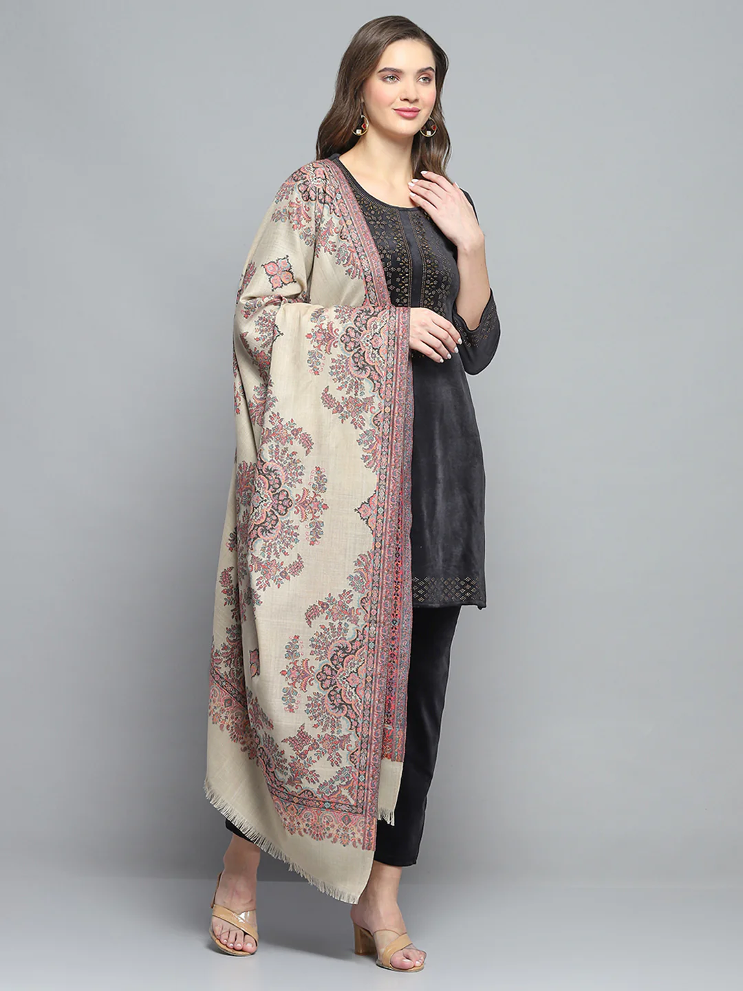 Women Beige Self Design Shawl - Image 4