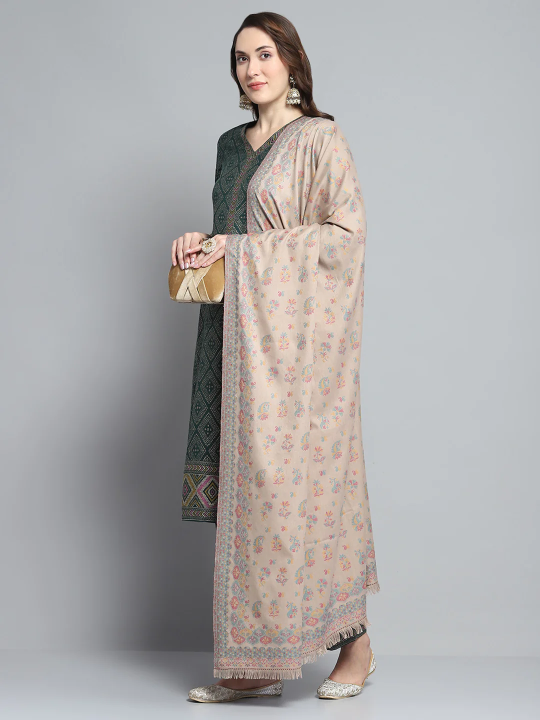 Women Beige Self Design Shawl - Image 2