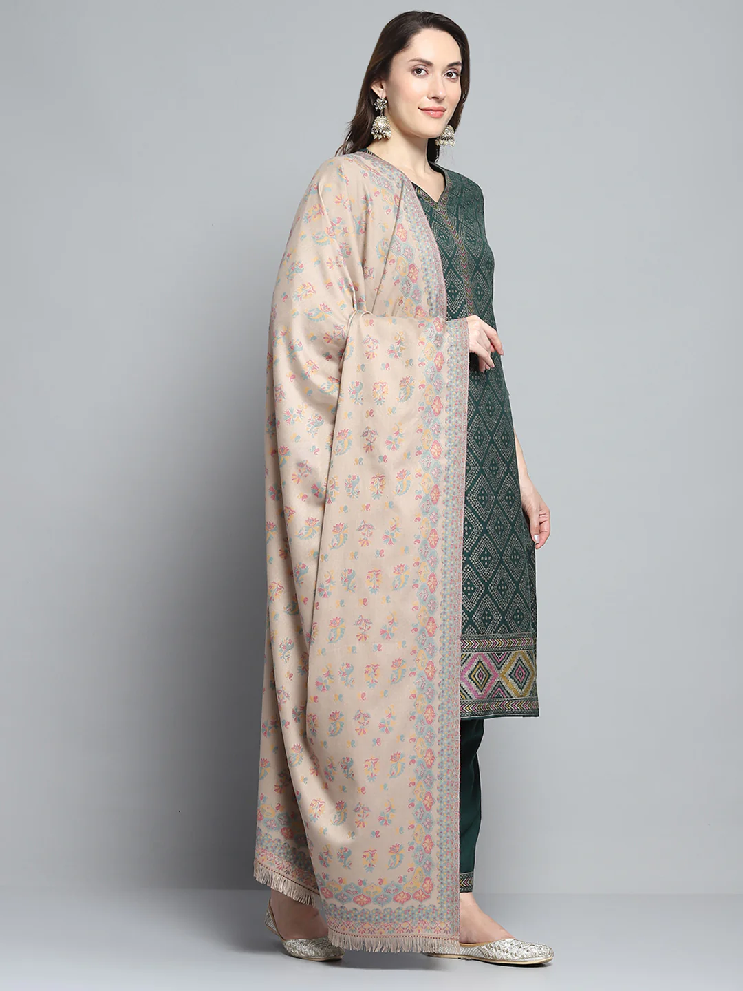 Women Beige Self Design Shawl - Image 4