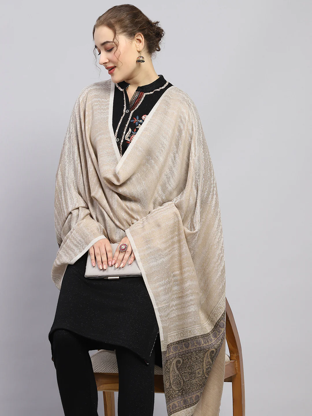 Women Beige Self Design Shawl - Image 6