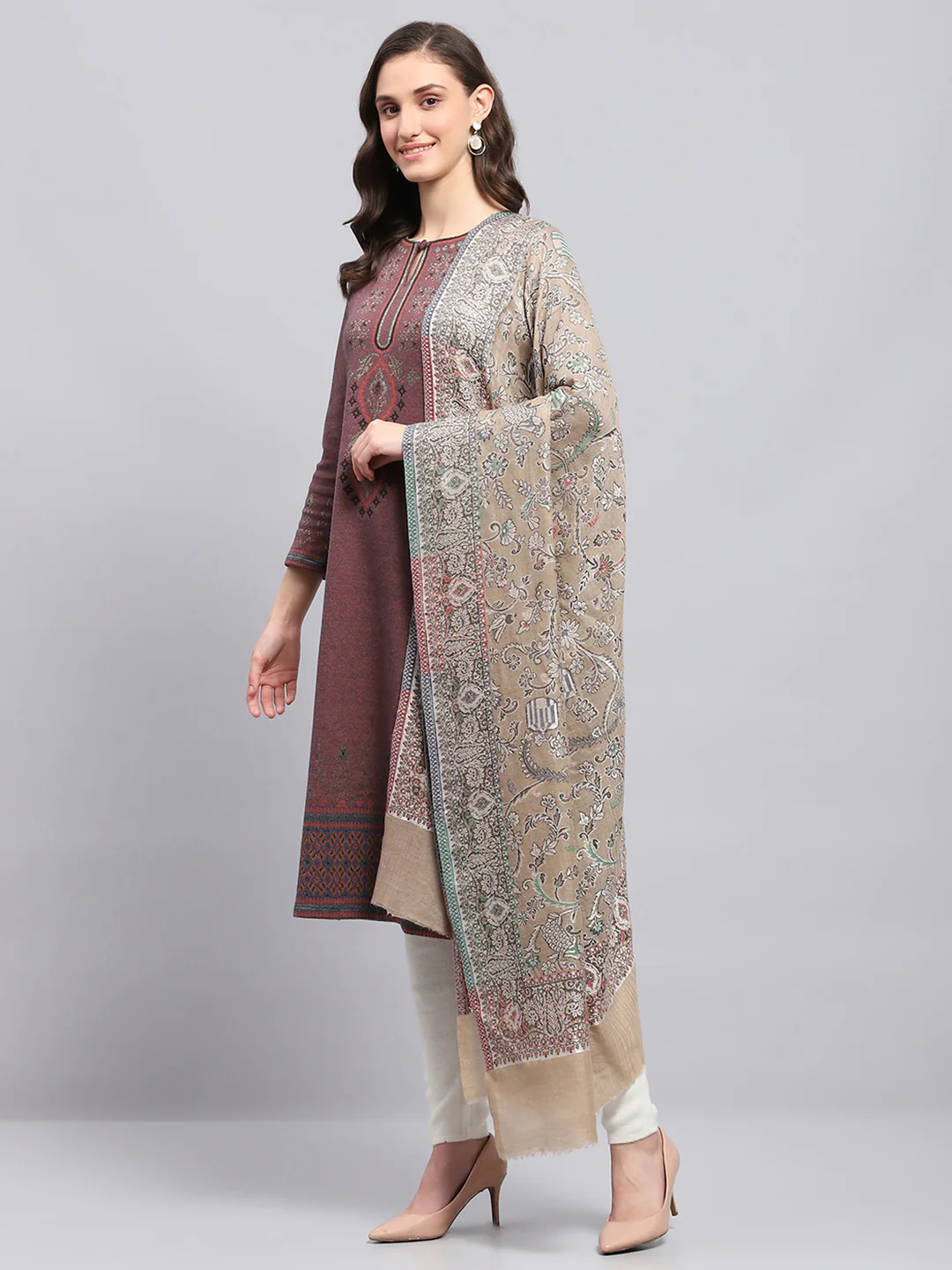 Women Beige Self Design Shawl - Image 3