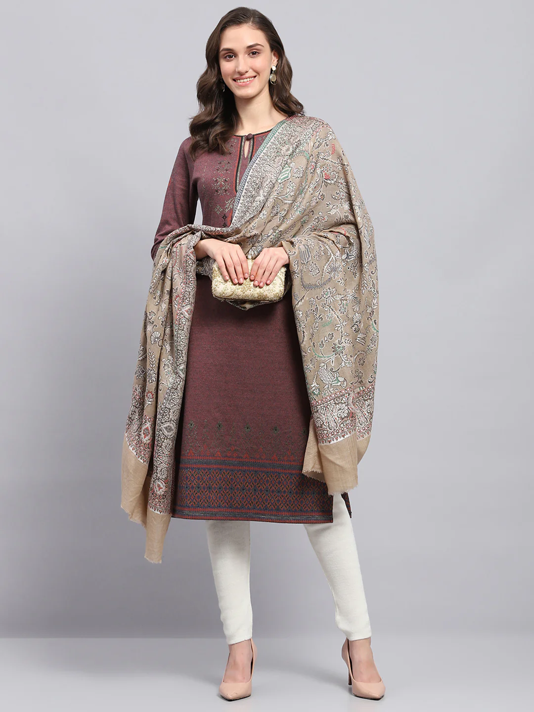 Women Beige Self Design Shawl - Image 5