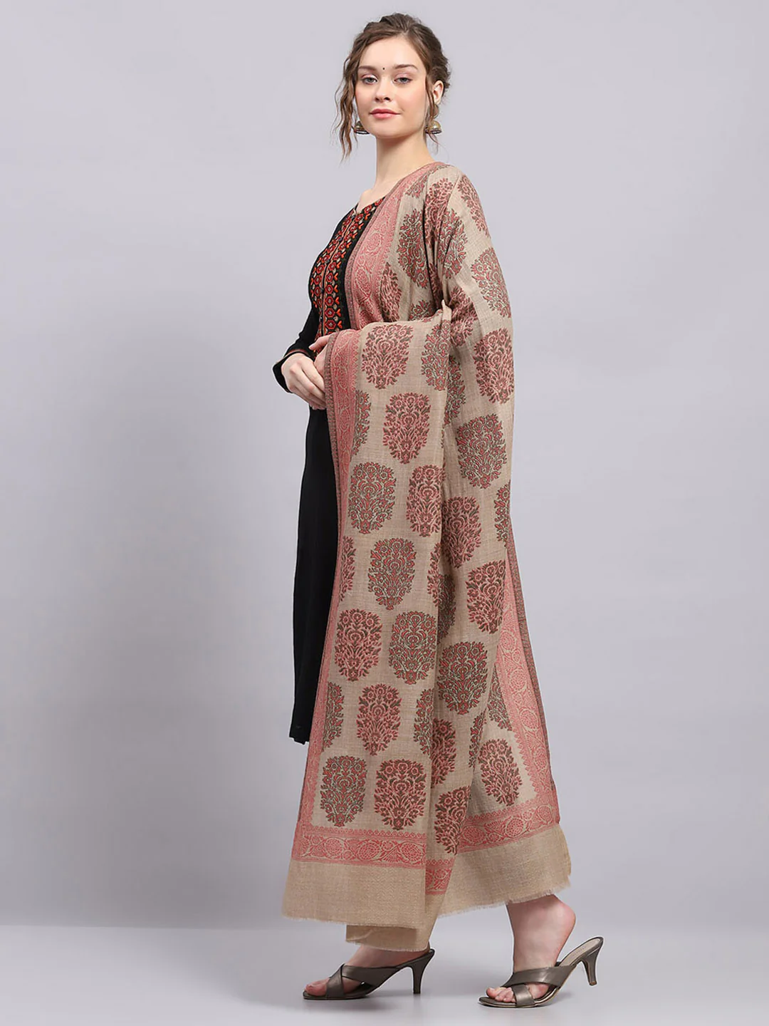 Women Beige Self Design Shawl - Image 3
