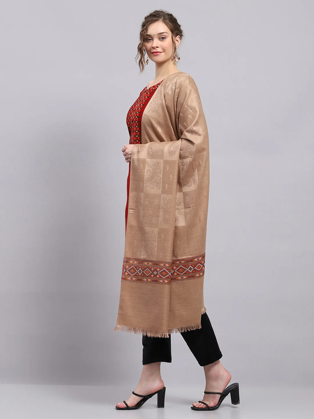 Women Beige Self Design Shawl - Image 3