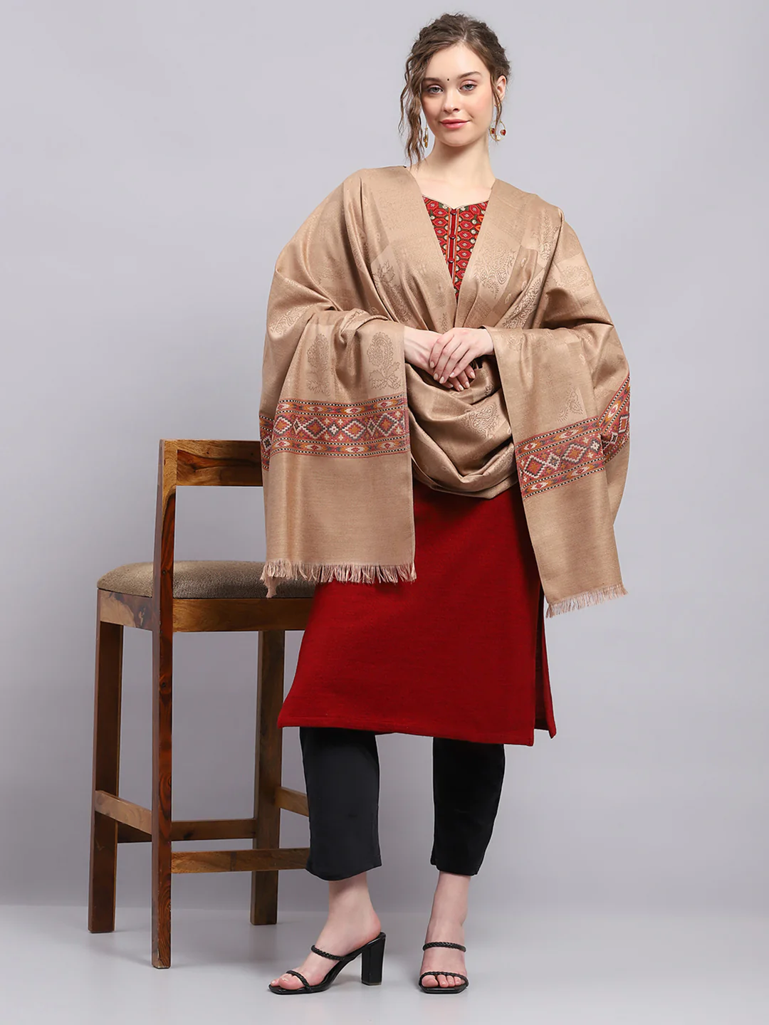 Women Beige Self Design Shawl - Image 5