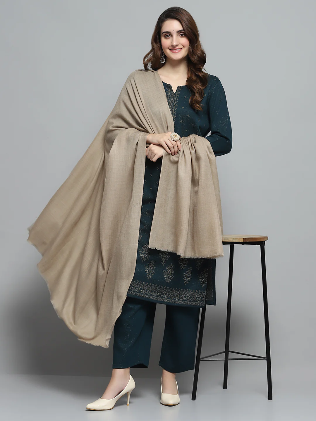 Women Beige Self Design Shawl - Image 2
