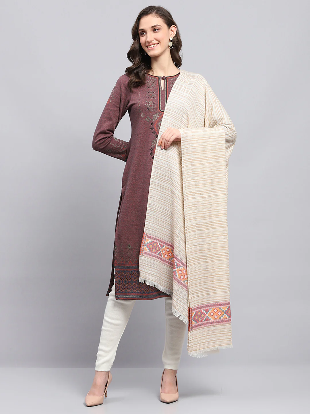 Women Beige Self Design Shawl - Image 5