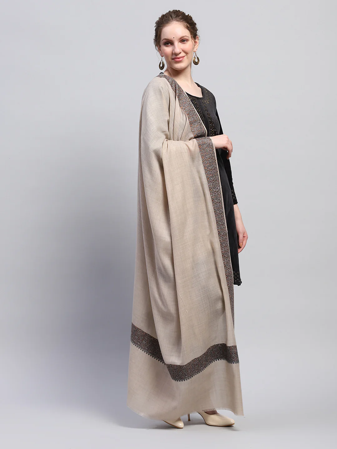 Women Beige Self Design Shawl - Image 3