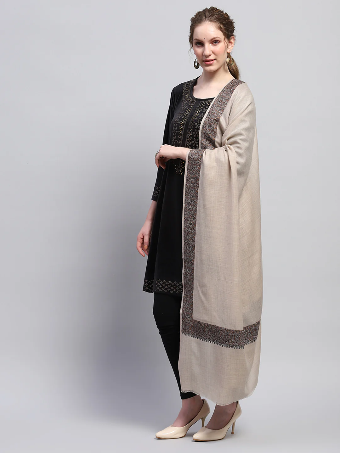 Women Beige Self Design Shawl - Image 4