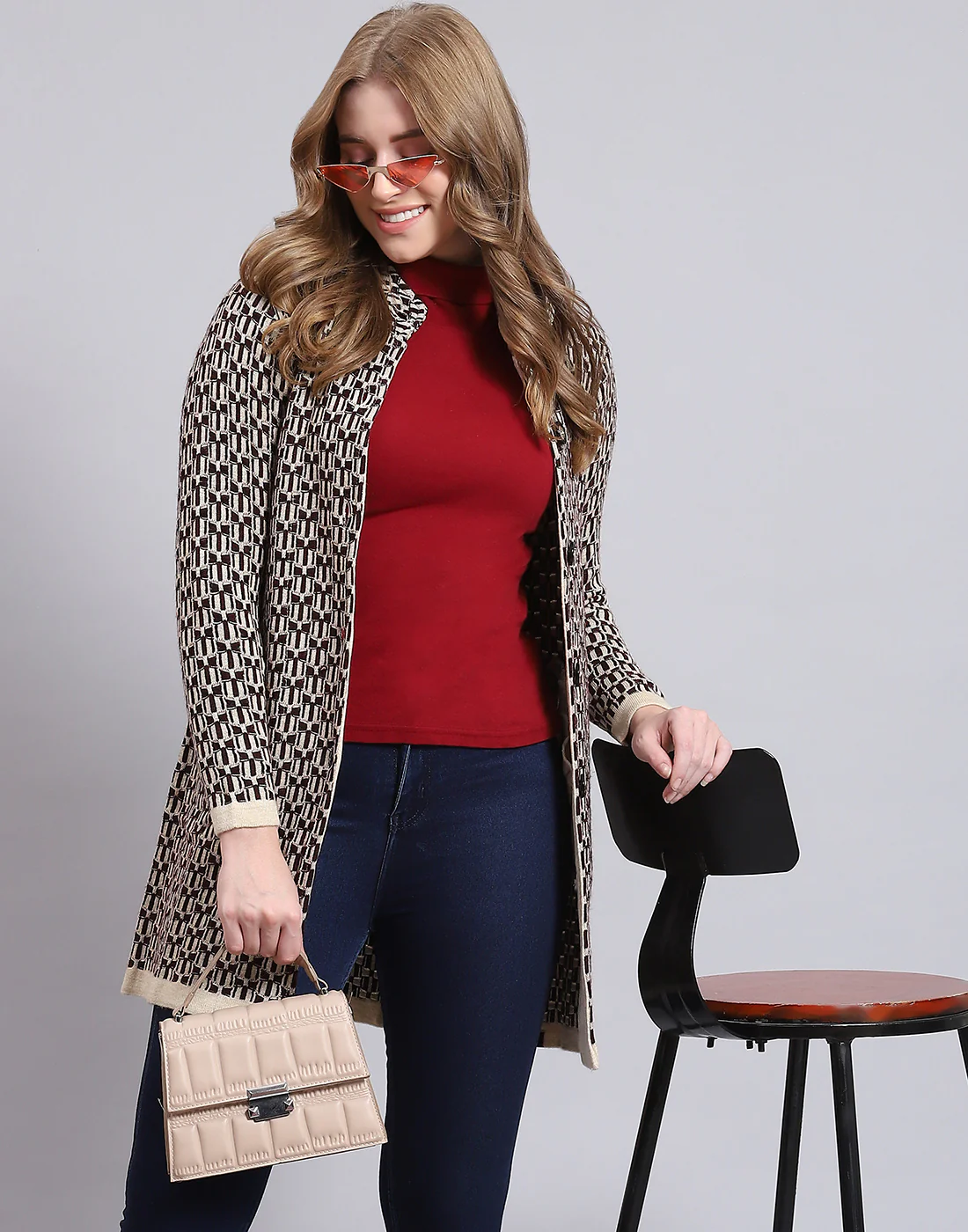 Women Beige Self Design Stand Collar Full Sleeve Coat - Image 2