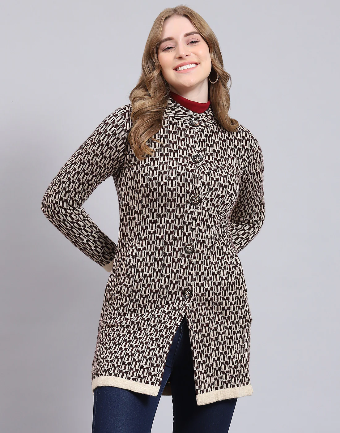 Women Beige Self Design Stand Collar Full Sleeve Coat - Image 3