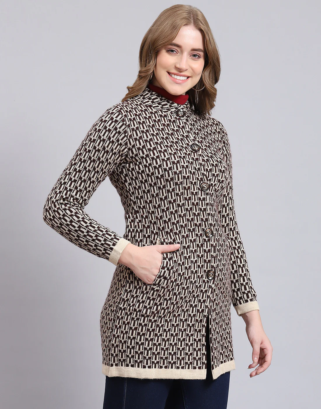 Women Beige Self Design Stand Collar Full Sleeve Coat - Image 4