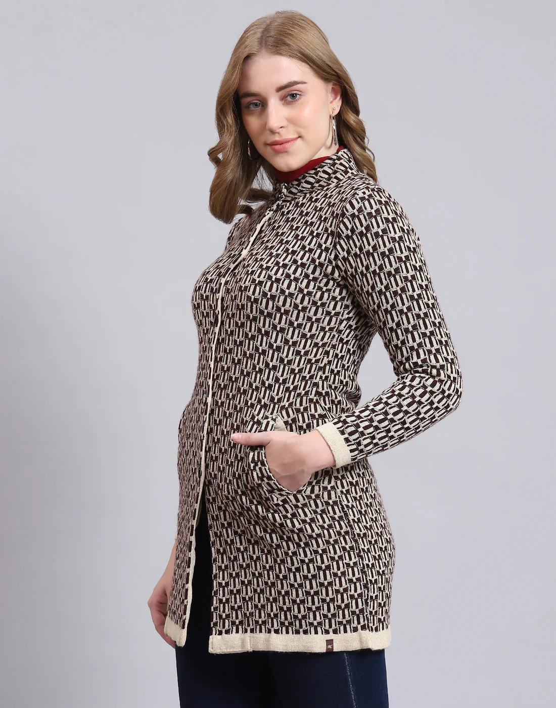 Women Beige Self Design Stand Collar Full Sleeve Coat - Image 6