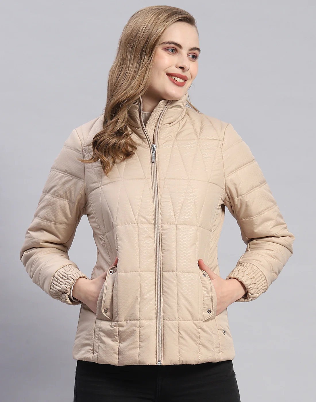 Women Beige Self Design Stand Collar Full Sleeve Jacket - Image 2