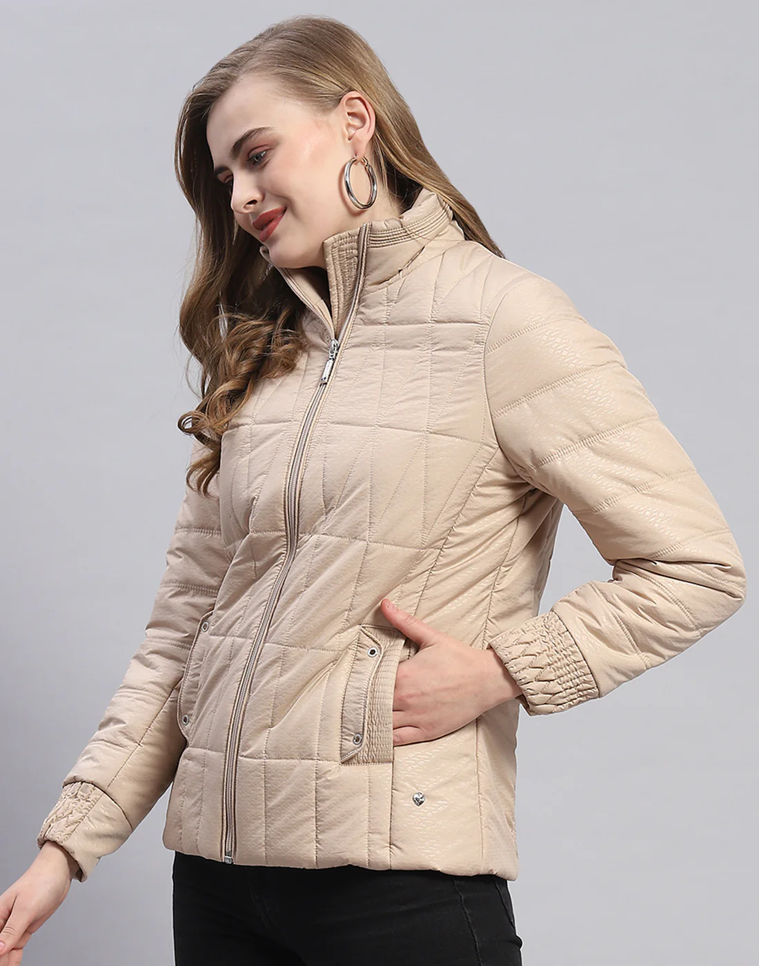 Women Beige Self Design Stand Collar Full Sleeve Jacket - Image 3