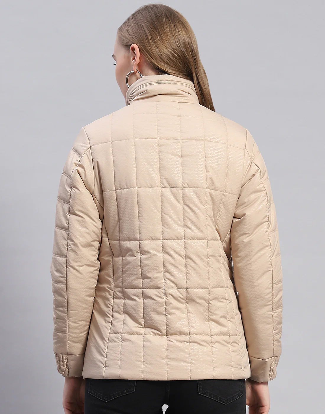 Women Beige Self Design Stand Collar Full Sleeve Jacket - Image 5