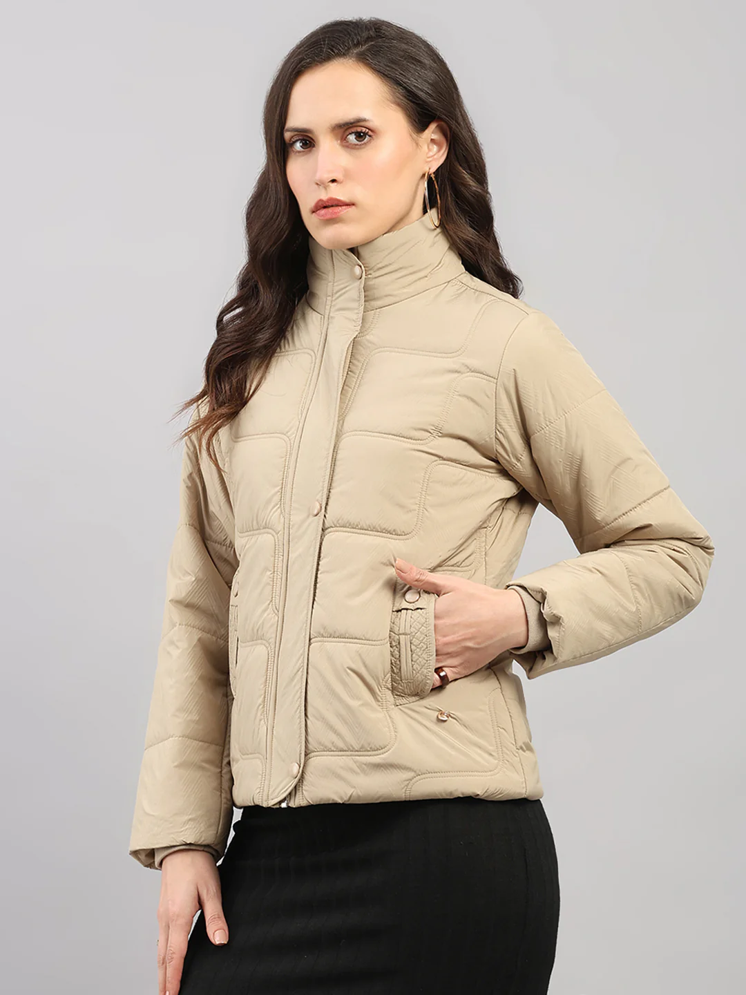Women Beige Self Design Stand Collar Full Sleeve Jacket - Image 3