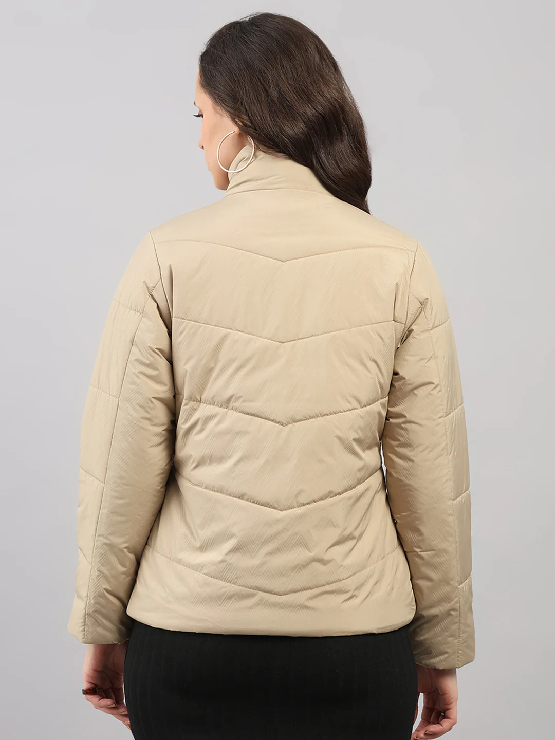 Women Beige Self Design Stand Collar Full Sleeve Jacket - Image 5