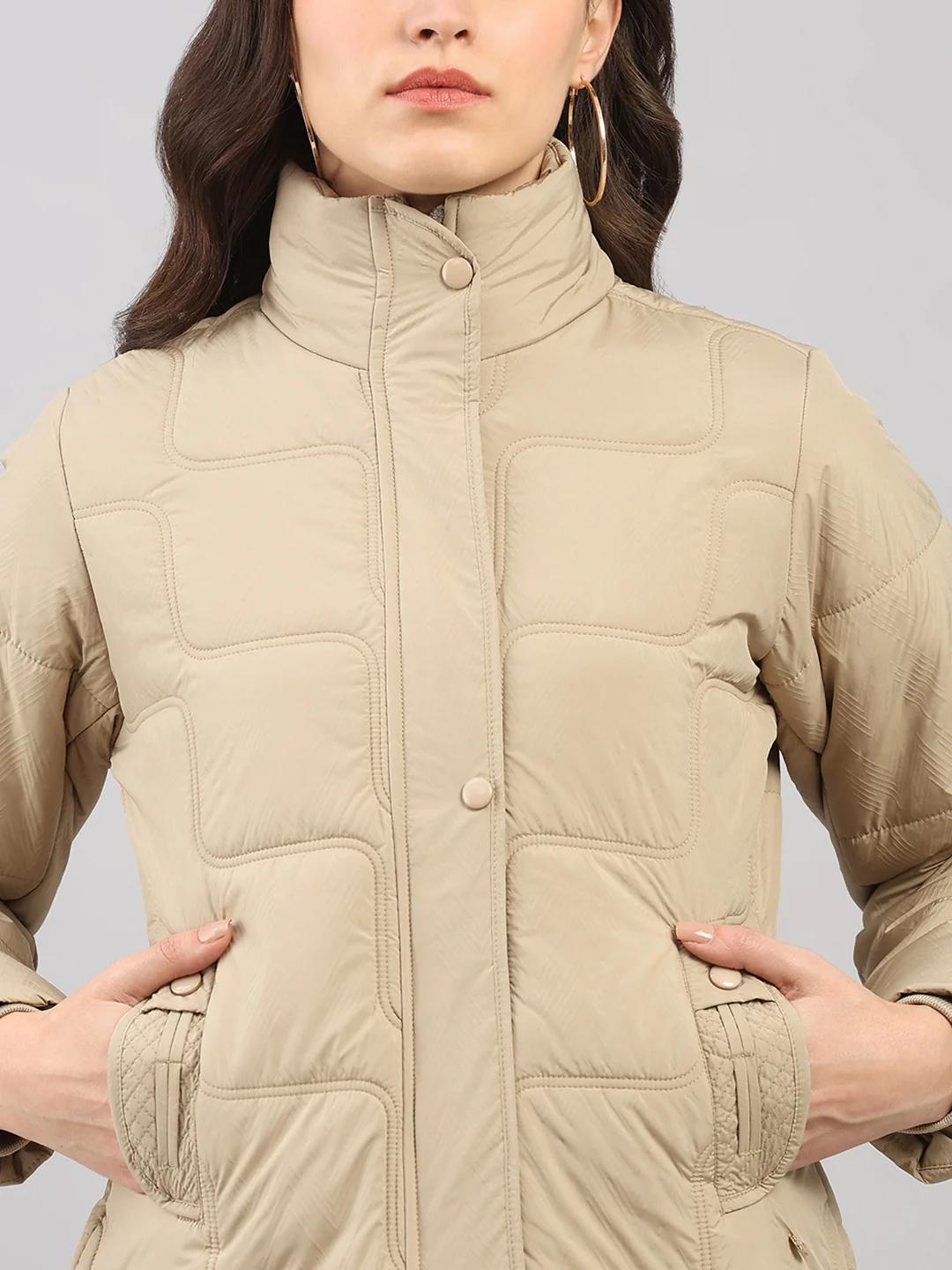 Women Beige Self Design Stand Collar Full Sleeve Jacket - Image 6