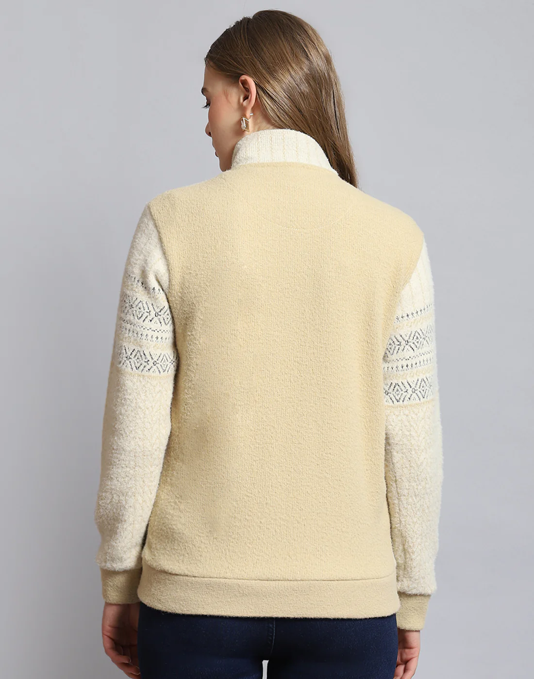 Women Beige Self Design Stand Collar Full Sleeve Sweatshirt - Image 2