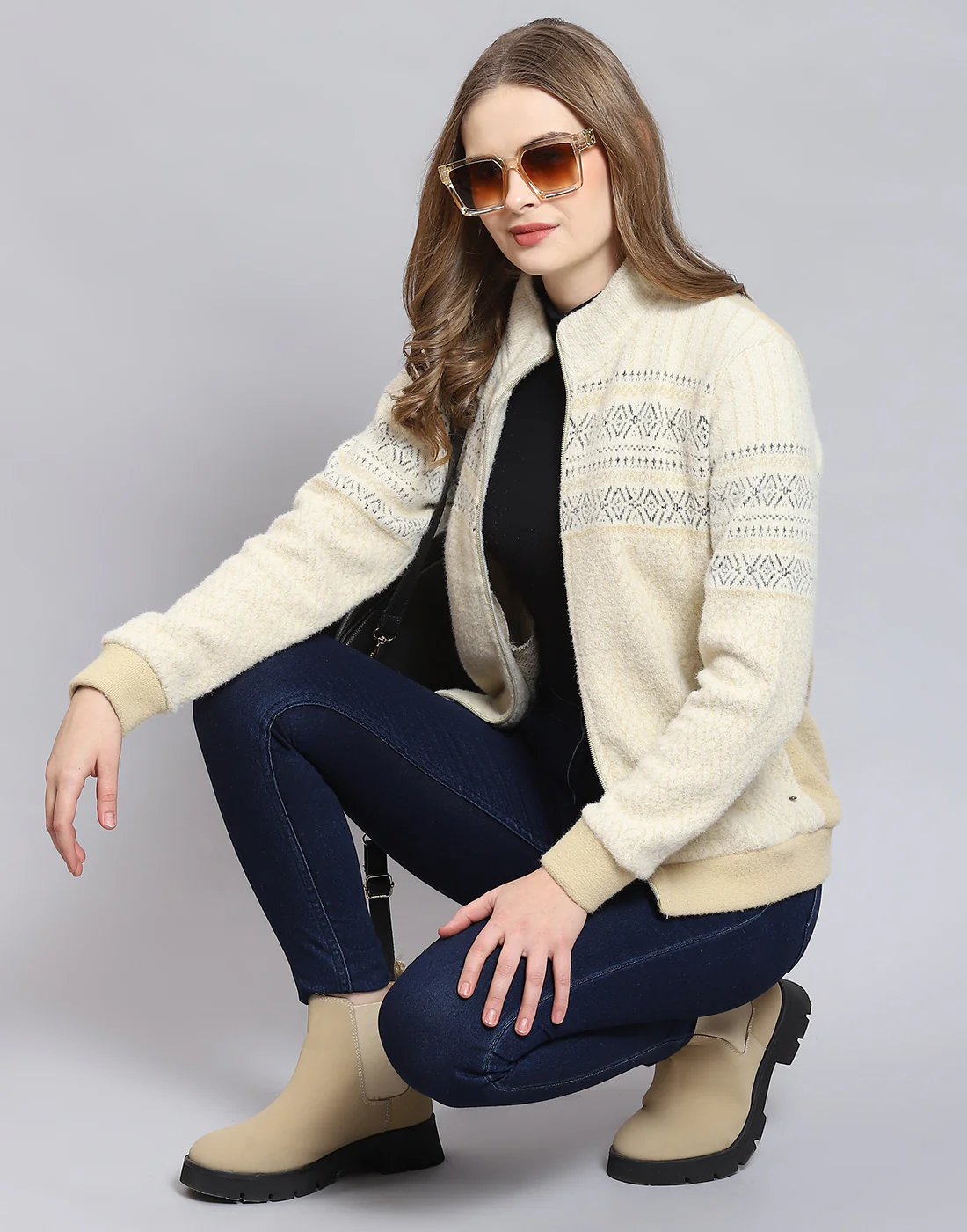 Women Beige Self Design Stand Collar Full Sleeve Sweatshirt - Image 3