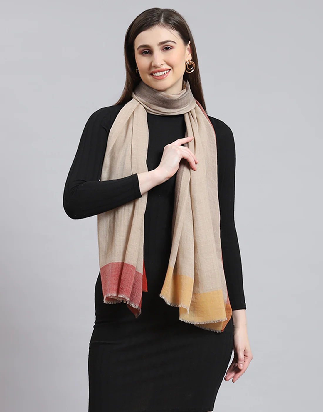 Women Beige Self Design Stole - Image 2