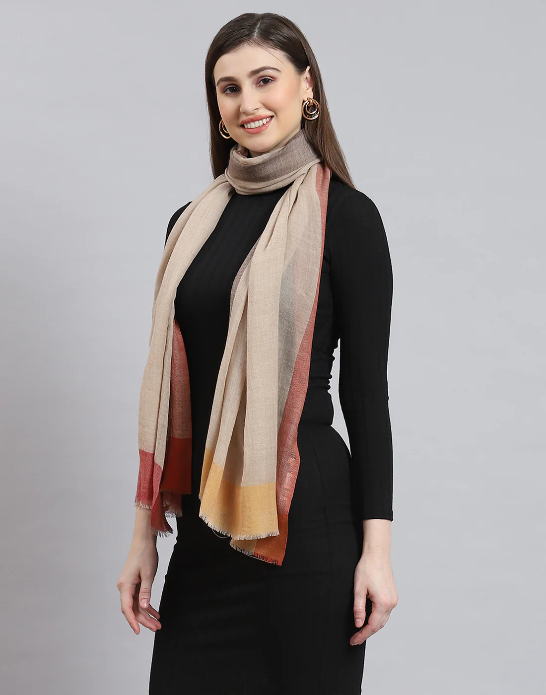 Women Beige Self Design Stole - Image 3