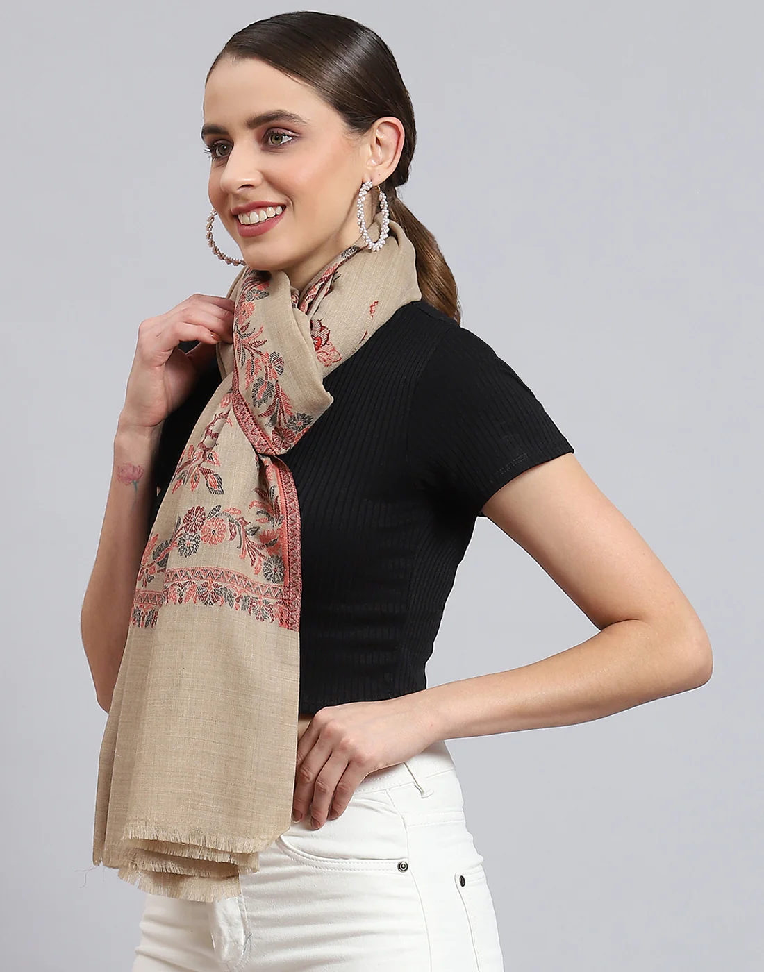 Women Beige Self Design Stole - Image 4
