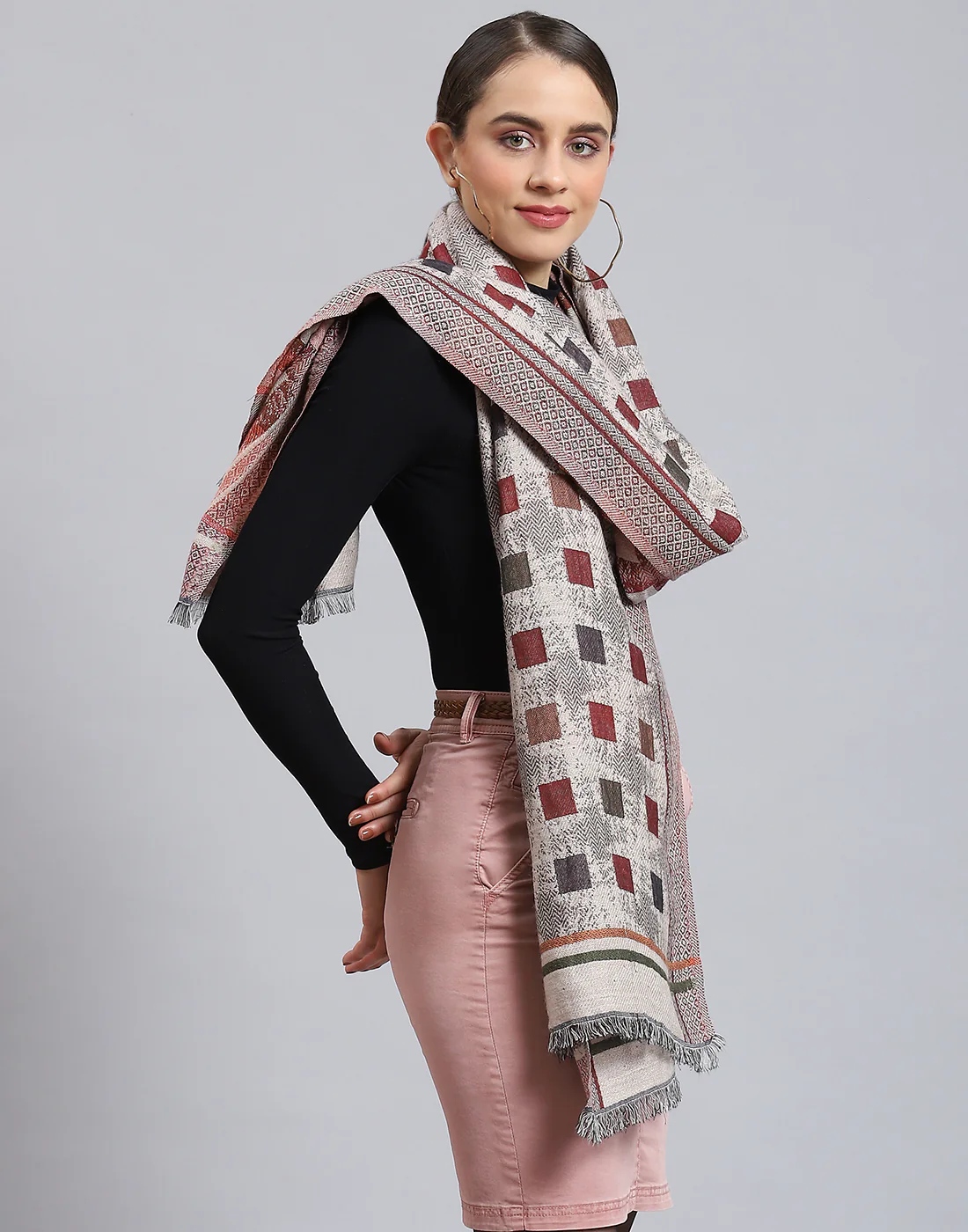 Women Beige Self Design Stole - Image 4