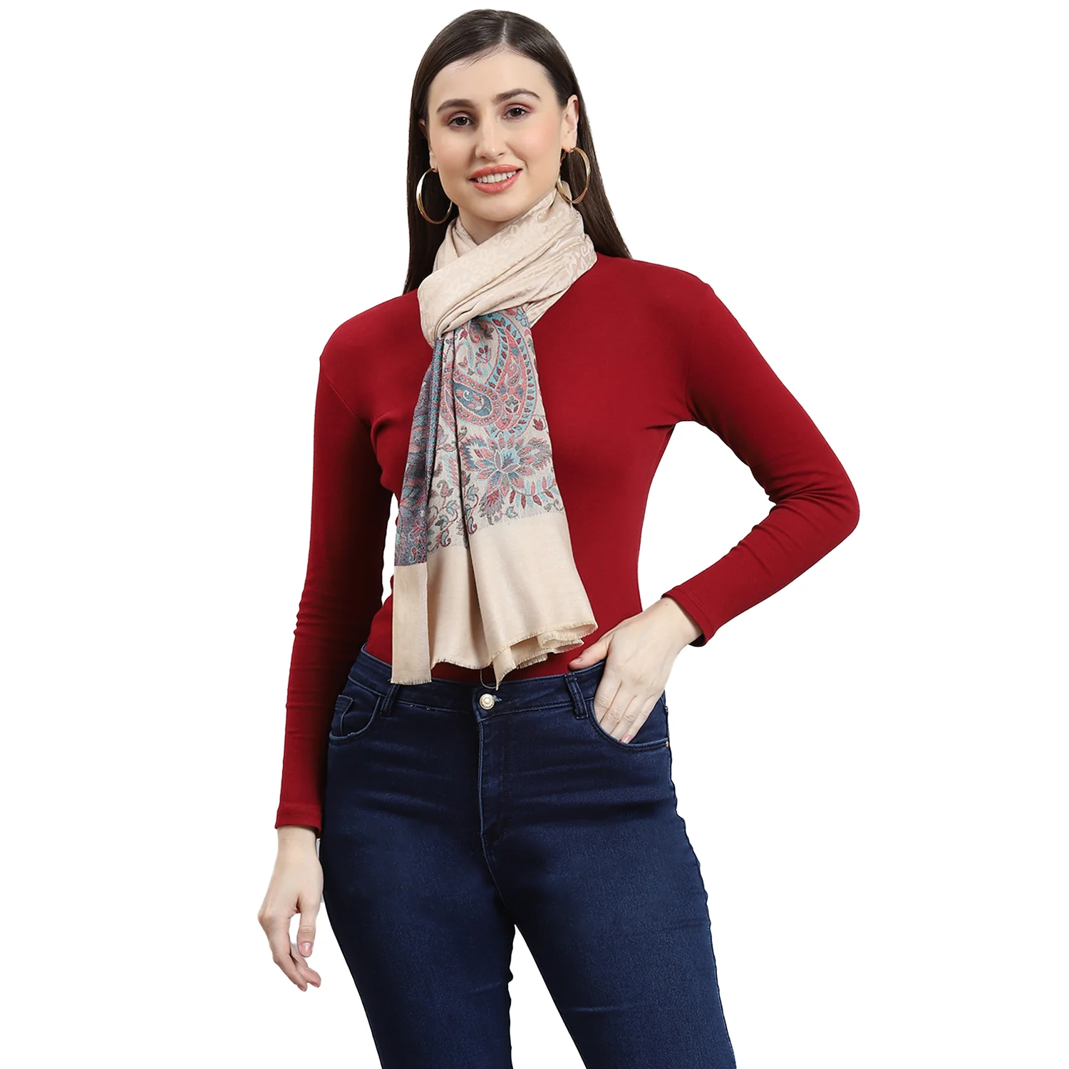 Women Beige Self Design Stole - Image 5