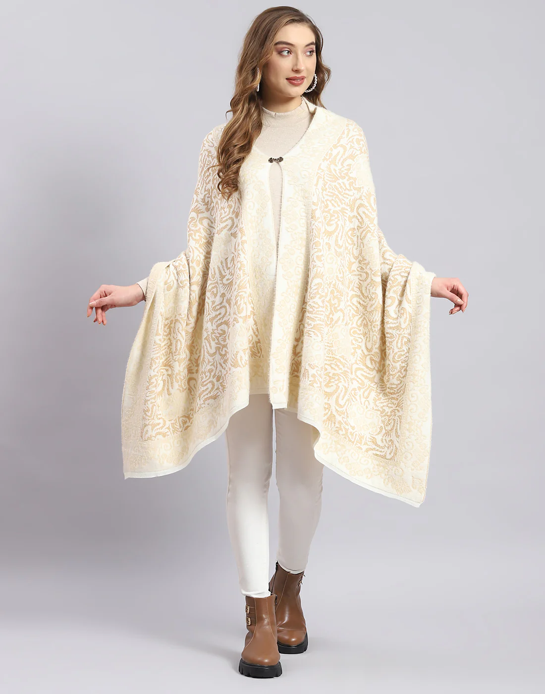 Women Beige Self Design Stole - Image 2