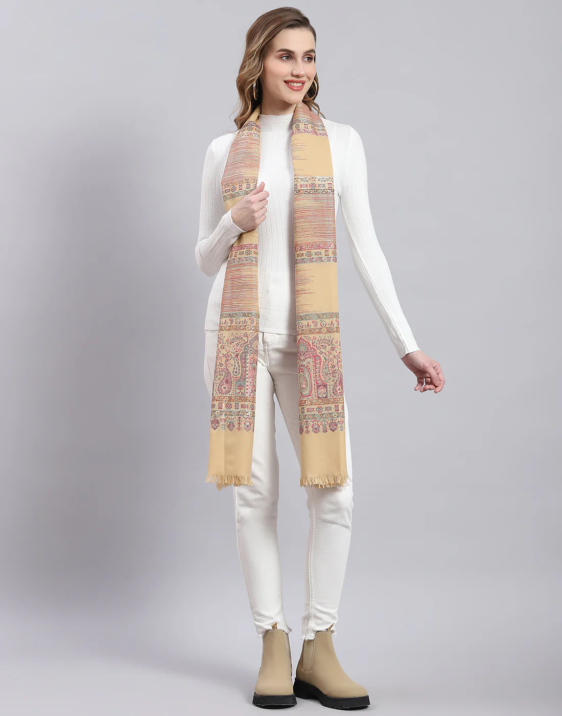 Women Beige Self Design Stole - Image 3