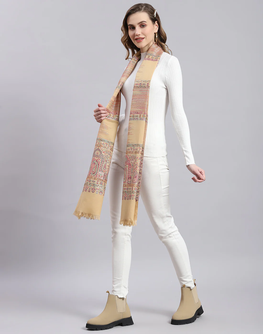 Women Beige Self Design Stole - Image 4