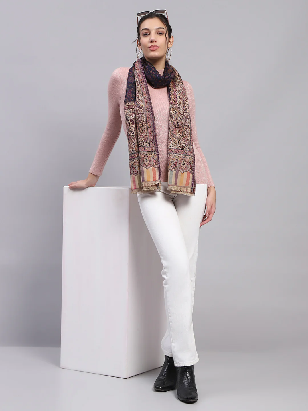 Women Beige Self Design Stole - Image 2