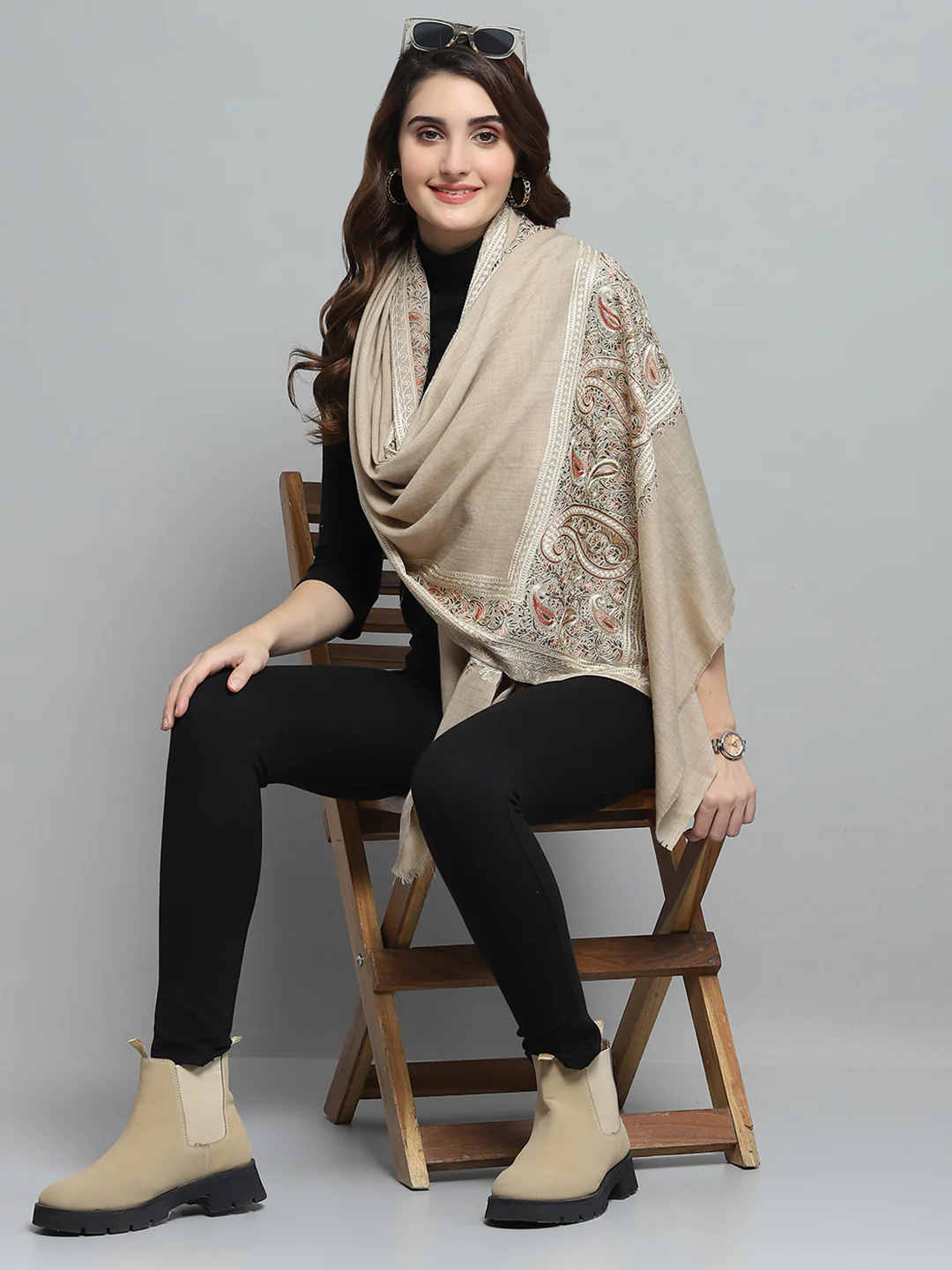 Women Beige Self Design Stole - Image 2