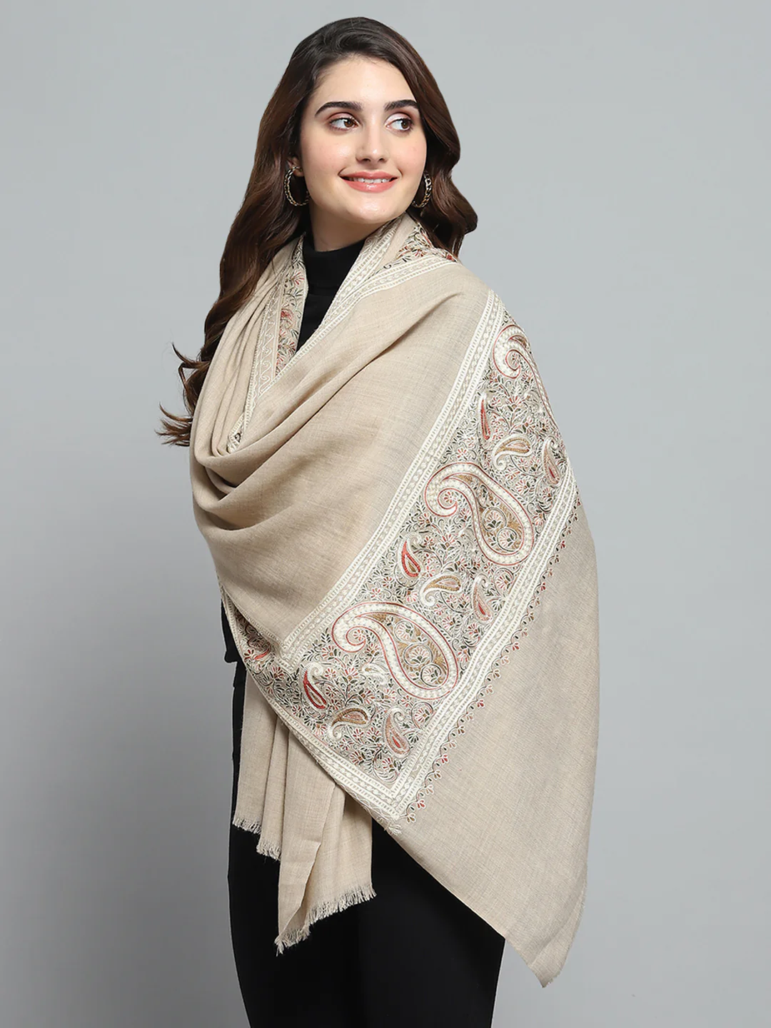 Women Beige Self Design Stole - Image 3